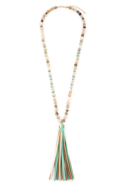 COLORFUL NATURAL STONE AND GLASS BEADS WITH TASSEL NECKLACE