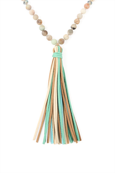 COLORFUL NATURAL STONE AND GLASS BEADS WITH TASSEL NECKLACE