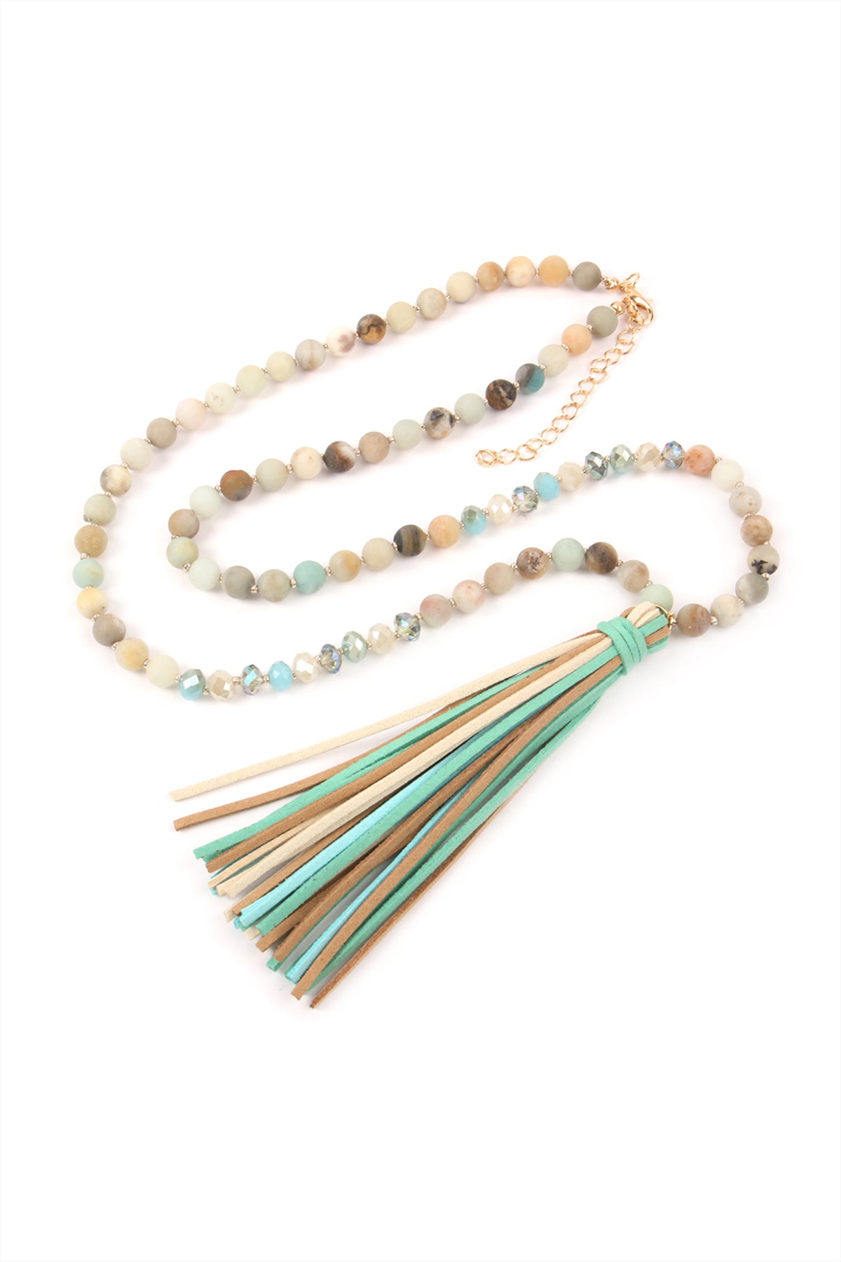 COLORFUL NATURAL STONE AND GLASS BEADS WITH TASSEL NECKLACE