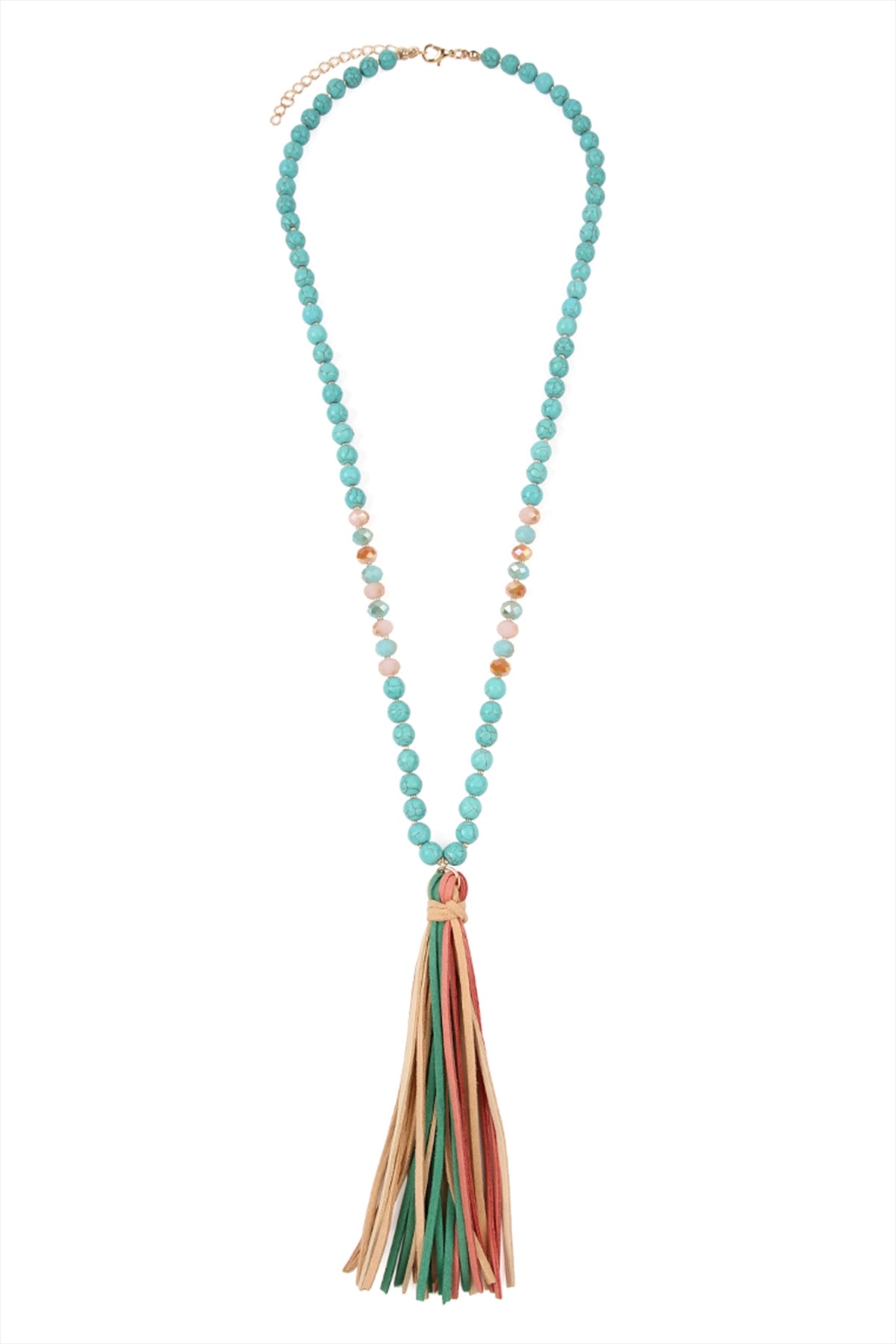 COLORFUL NATURAL STONE AND GLASS BEADS WITH TASSEL NECKLACE