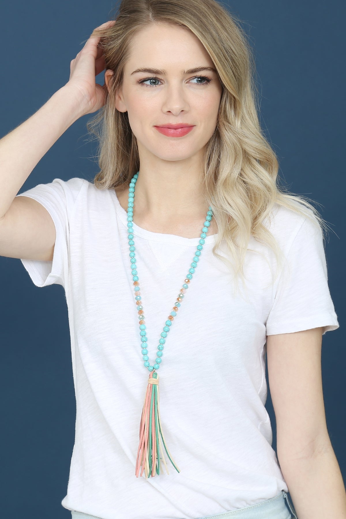 COLORFUL NATURAL STONE AND GLASS BEADS WITH TASSEL NECKLACE