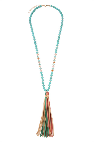 COLORFUL NATURAL STONE AND GLASS BEADS WITH TASSEL NECKLACE