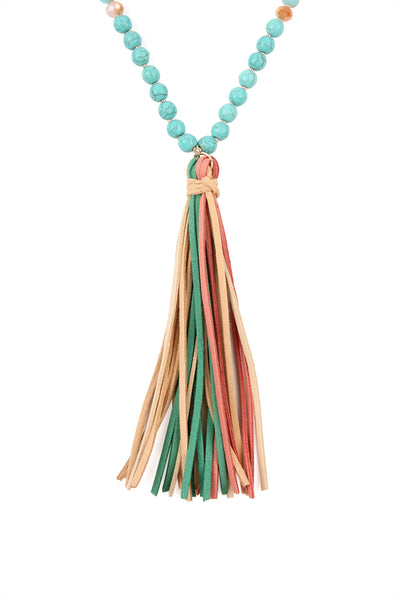 COLORFUL NATURAL STONE AND GLASS BEADS WITH TASSEL NECKLACE