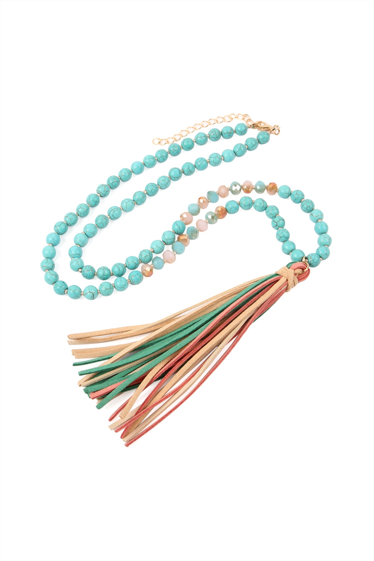 COLORFUL NATURAL STONE AND GLASS BEADS WITH TASSEL NECKLACE