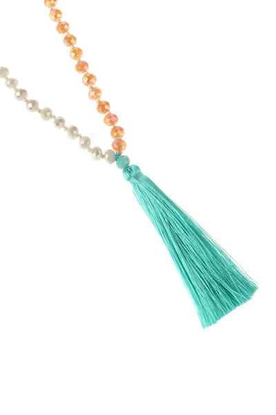 PINK FRINGE TASSEL PENDANT WITH GLASS BEADS NECKLACE/6PCS