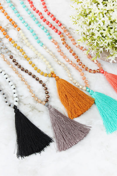 PINK FRINGE TASSEL PENDANT WITH GLASS BEADS NECKLACE/6PCS