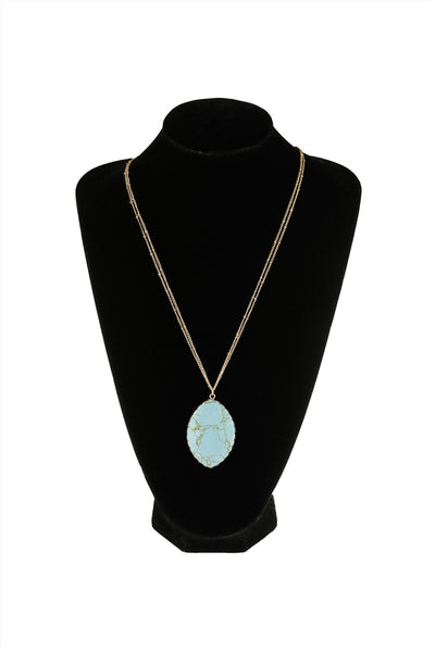 NATURAL STONE WRAP OVAL PENDANT CHAIN NECKLACE