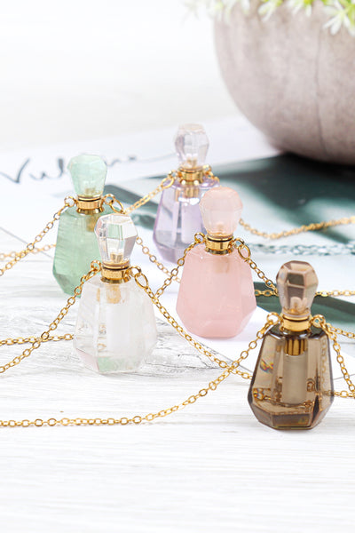NATURAL STONE ROUNDED CRYSTAL PERFUME BOTTLE NECKLACE WITH BOX