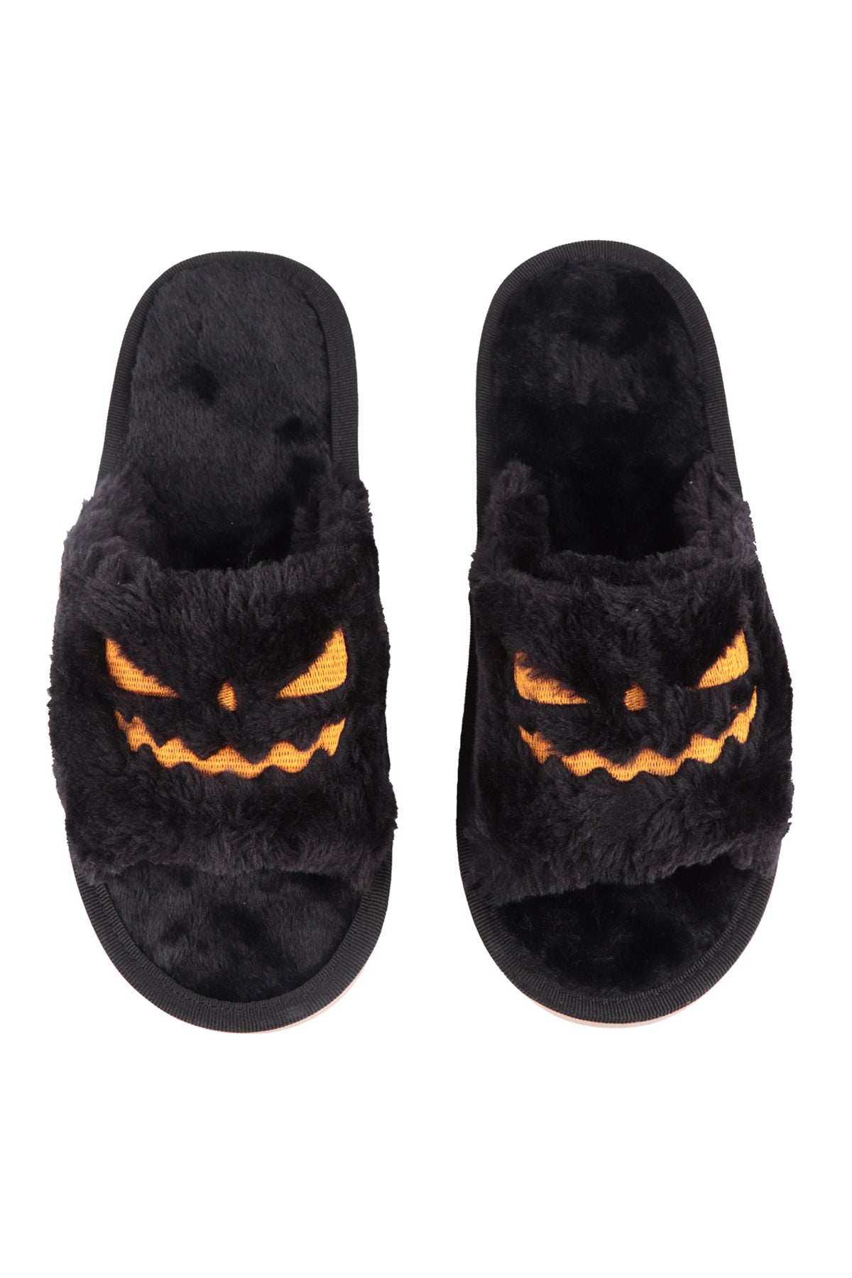 HALLOWEEN PUMPKIN ACCENT FUZZY SLIPPER ASSORTED SIZE-BLACK/6PCS (S2-M2-L2)