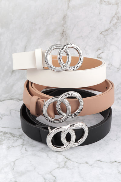 DOUBLE CIRCLE W/ TEXTURED BUCKLE FASHION LEATHER BELT