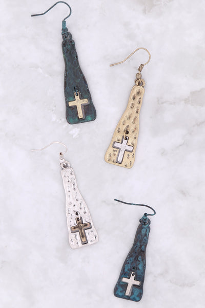 DANGLING CROSS CAST DROP FISH HOOK EARRINGS