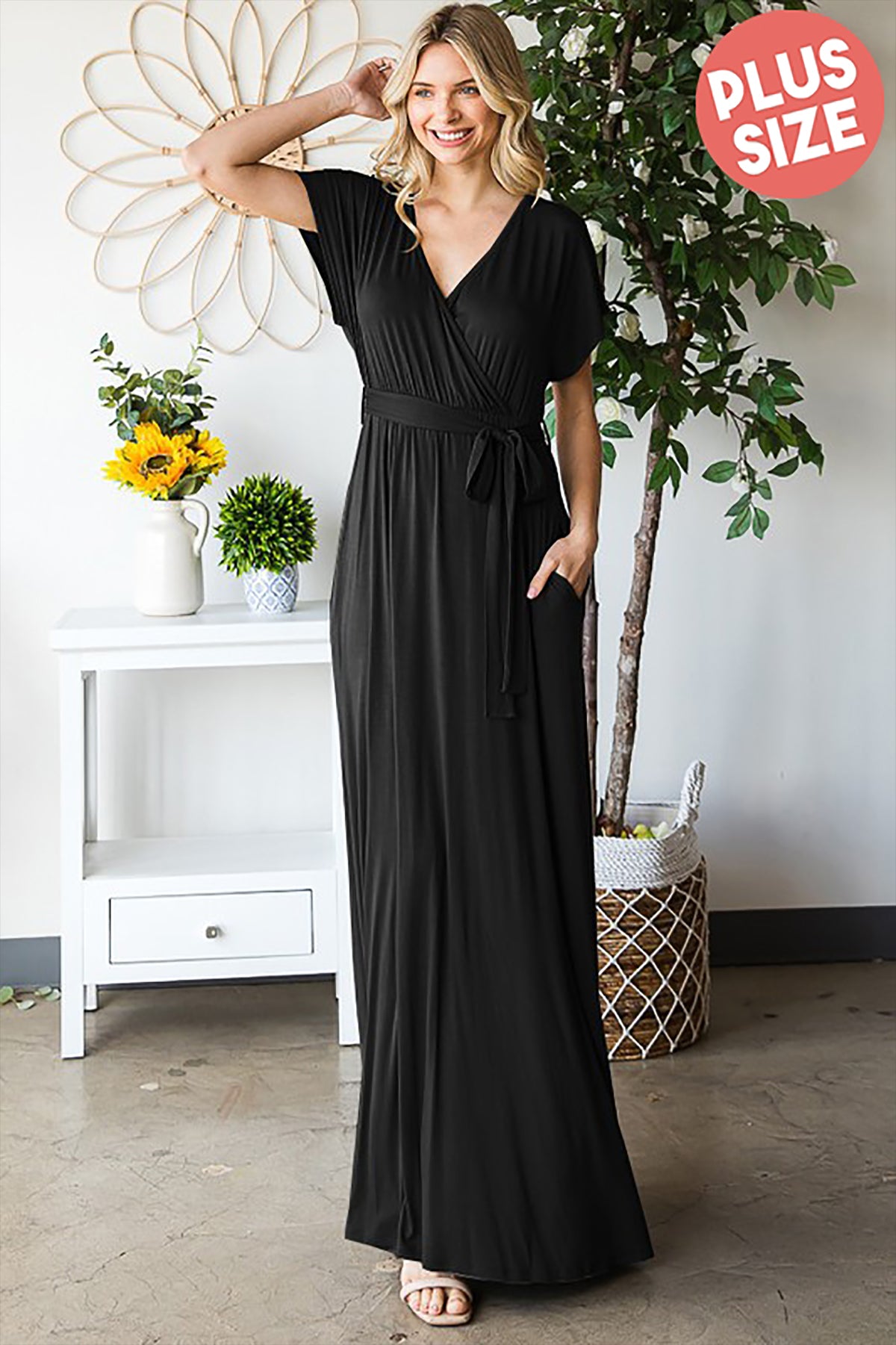 PLUS SIZE SHORT SLEEVE V NECK SOLID MAXI WRAP DRESS WITH SELF TIE DETAIL- BLACK 2-2-2