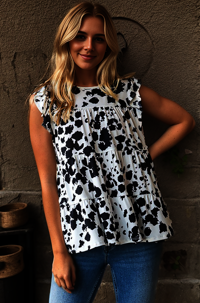 ROUND NECK ANIMAL PRINT TIERED TOP- IVORY BLACK 2-2-2