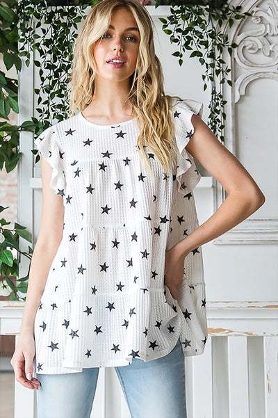 ROUND NECK STAR PRINT TIERED TOP- IVORY BLACK 2-2-2