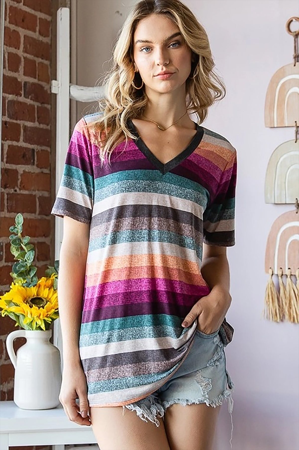 MULTI COLOR STRIPE PRINT CONTRAST TOP- FUCHSIA MULTI 2-2-2