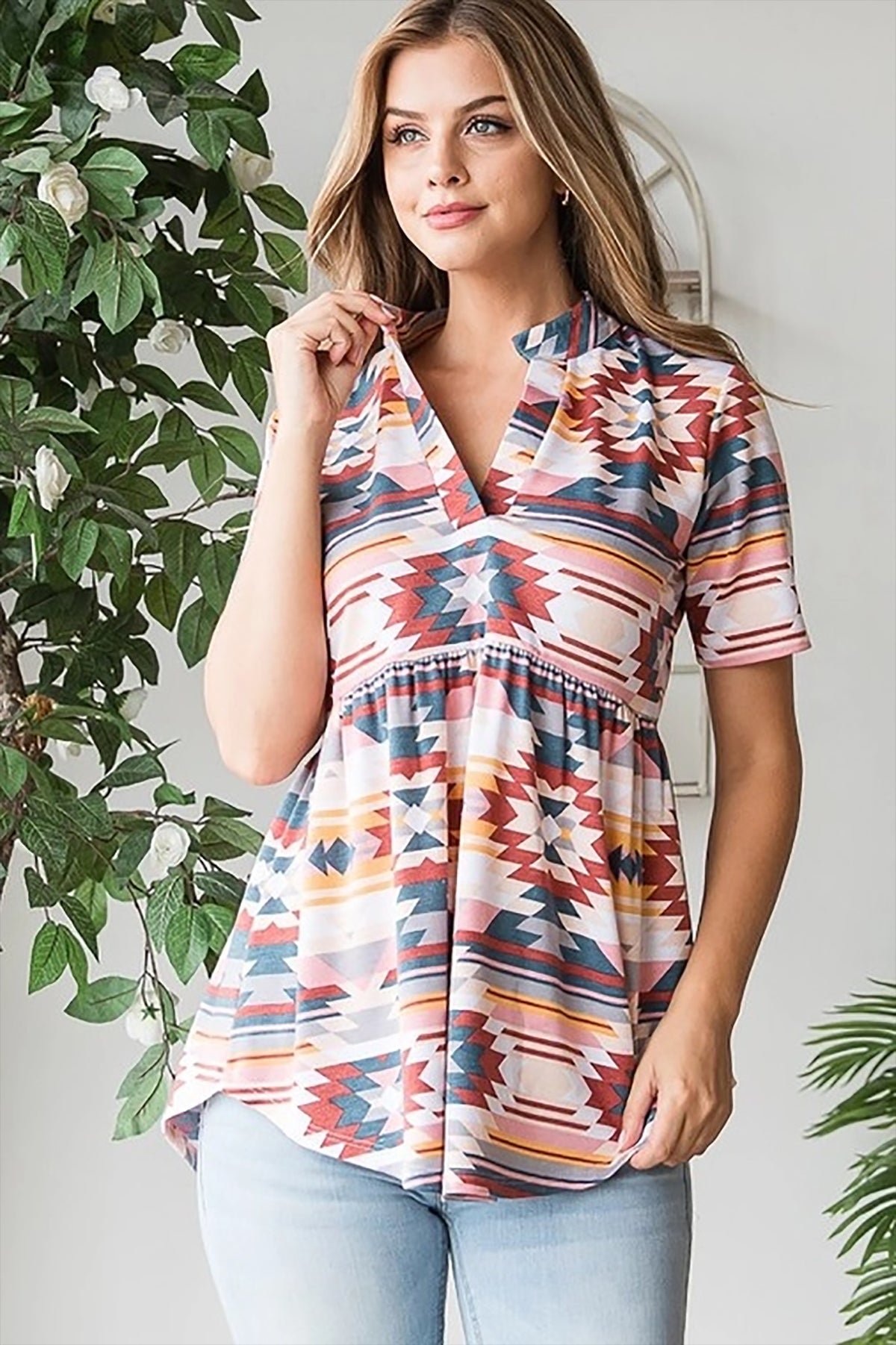 MANDARIN COLLAR SPLIT V NECK AZTEC PRINT TOP- BLUSH MULTI 2-2-2