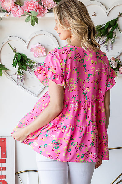 RUFFLED V-NECK FLORAL PRINT TIERED TOP- FUCHSIA 2-2-2