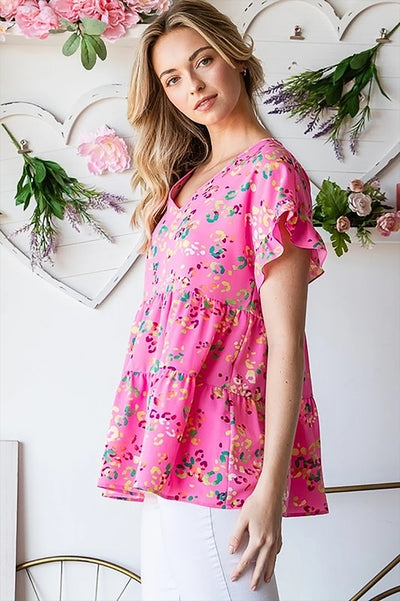 RUFFLED V-NECK FLORAL PRINT TIERED TOP- FUCHSIA 2-2-2
