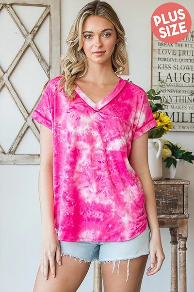 PLUS SIZE BAND V-NECK SHORT SLEEVE TIE DYE TOP- FUCHSIA/IVORY 2-2-2