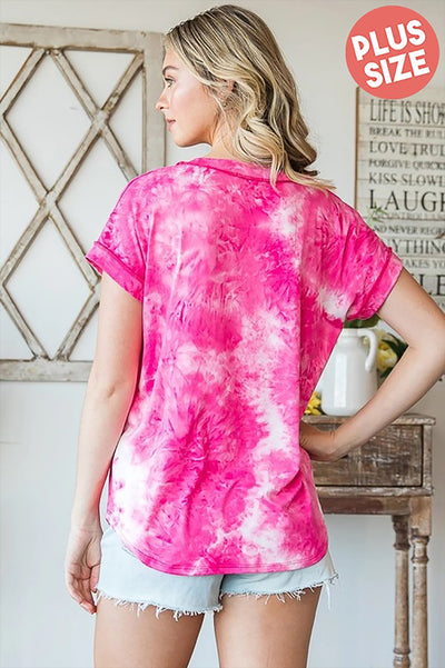 PLUS SIZE BAND V-NECK SHORT SLEEVE TIE DYE TOP- FUCHSIA/IVORY 2-2-2