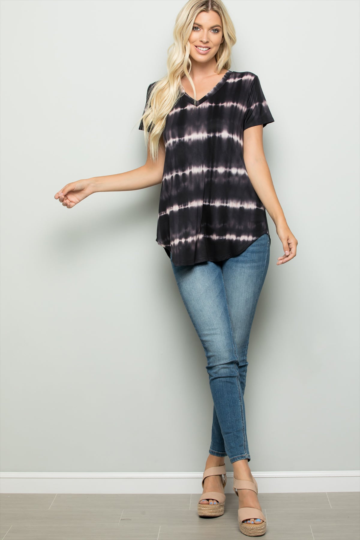 PLUS SIZE SHORT SLEEVE V-NECK STRIPE PRINT TIE DYE TOP 2-2-2