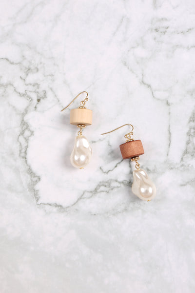 WOOD, FRESH WATER PEARL DROP FISH HOOK EARRINGS