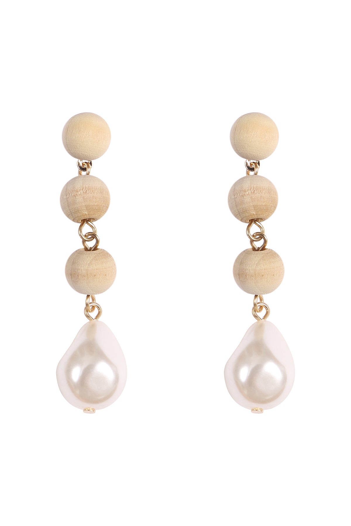 3 WOOD BALL , FRESH WATER PEARL LINEAR DROP EARRINGS