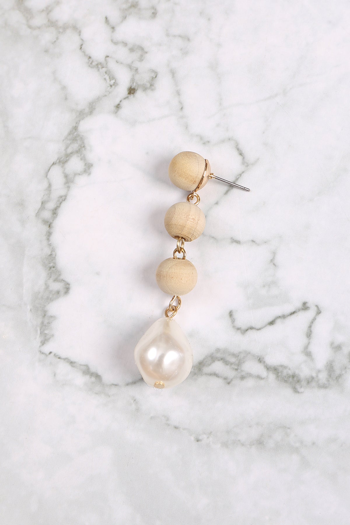 3 WOOD BALL , FRESH WATER PEARL LINEAR DROP EARRINGS