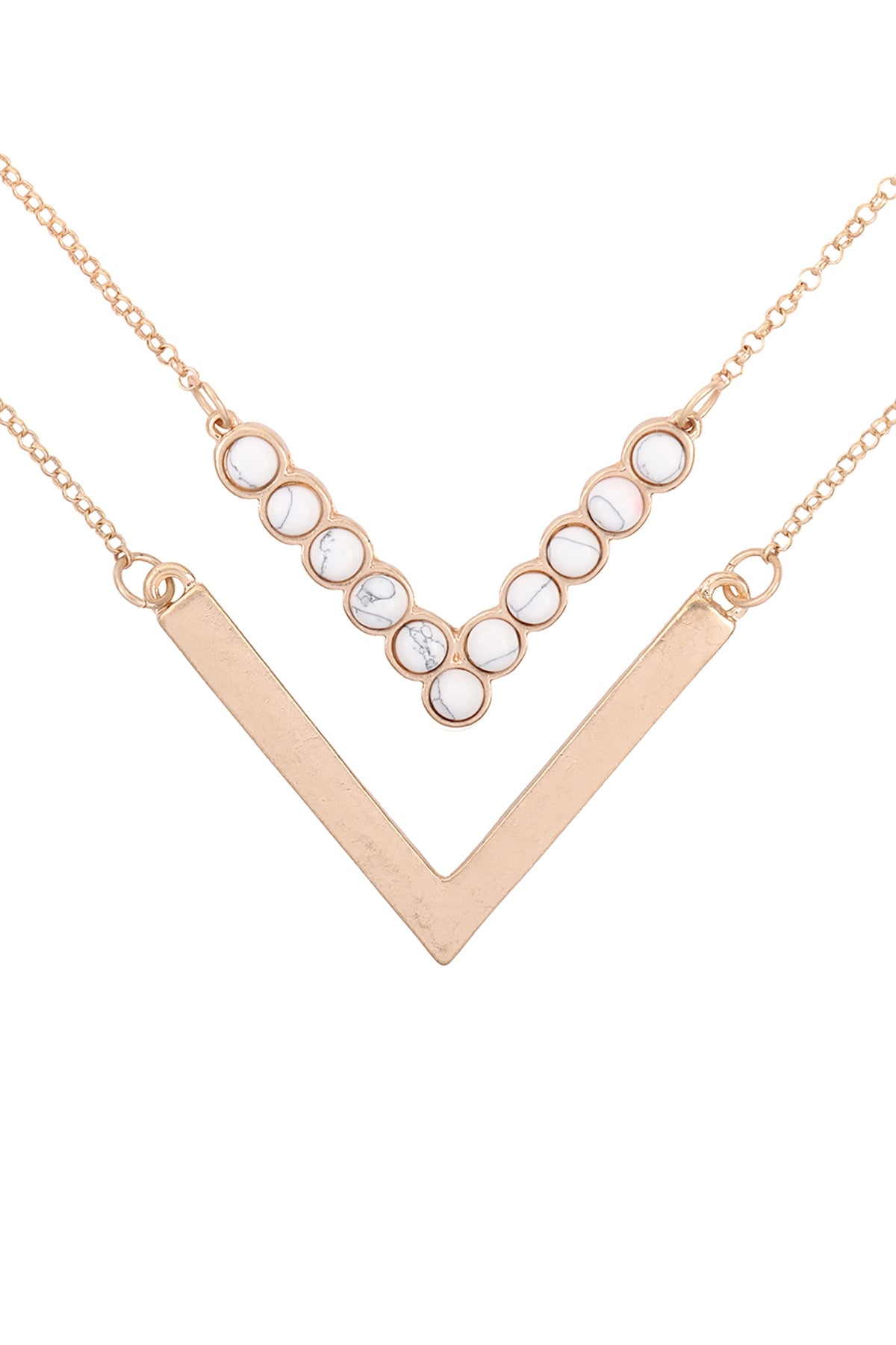 LAYERED V SHAPE NATURAL STONE & METAL NECKLACES