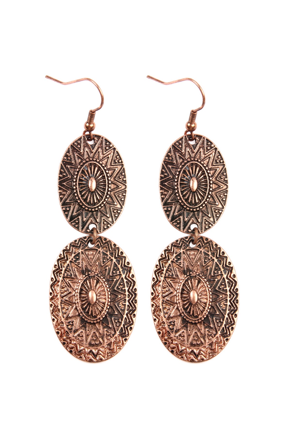 COPPER EMBELLISHED OVAL LINKED DROP BURNISHED EARRINGS