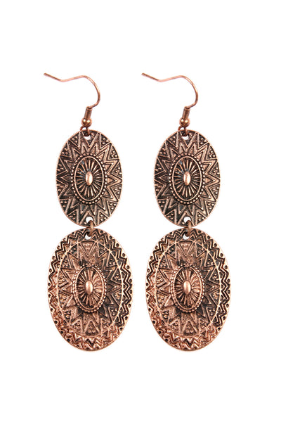 COPPER EMBELLISHED OVAL LINKED DROP BURNISHED EARRINGS