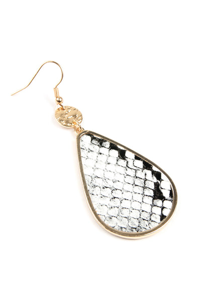 SNAKE DANGLING TEARDROP WITH ANIMAL SKIN LEATHER INSET EARRING