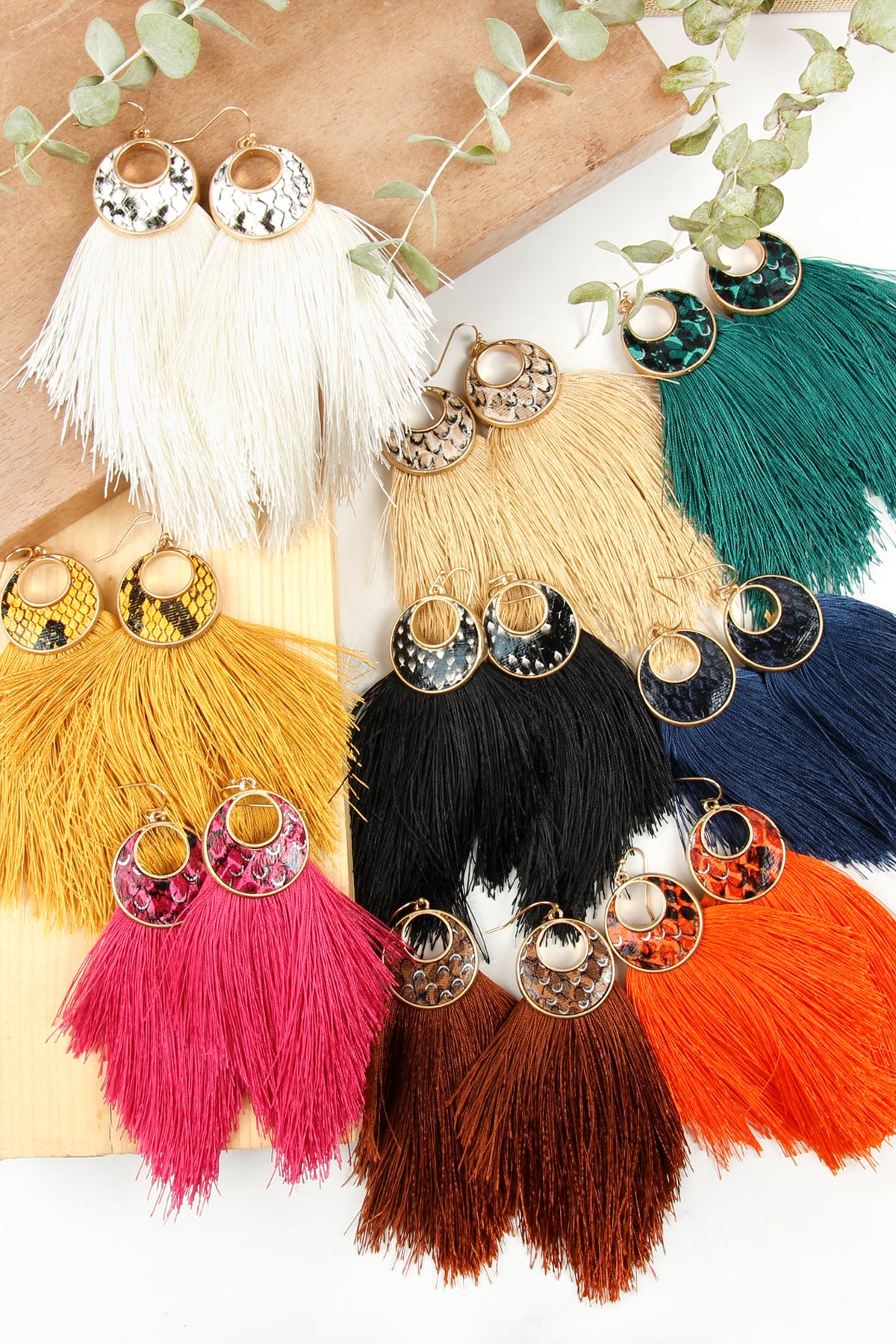 CRESCENT SHAPE SNAKE PRINT TASSEL DROP EARRINGS