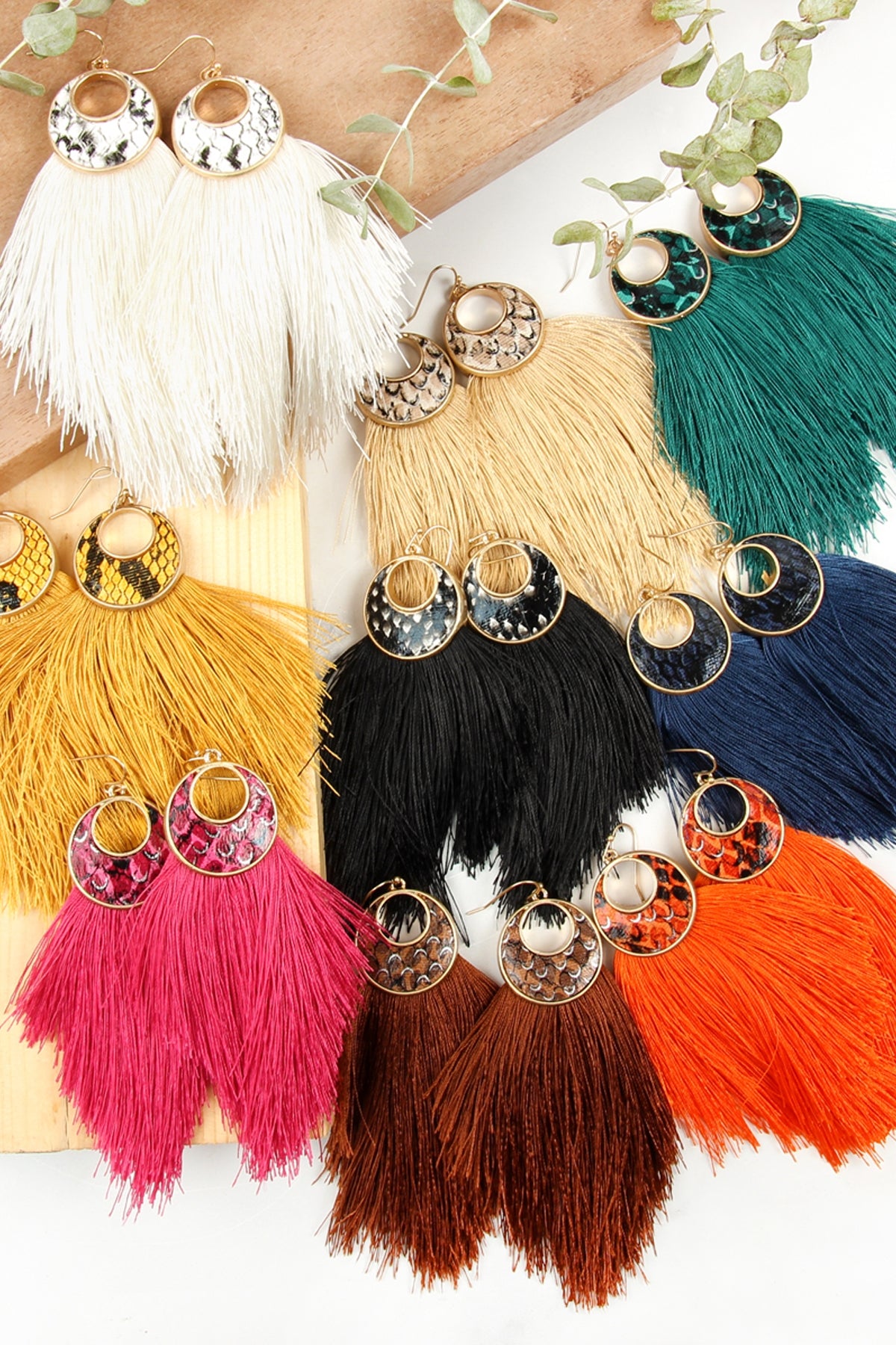 CRESCENT SHAPE SNAKE PRINT TASSEL DROP EARRINGS