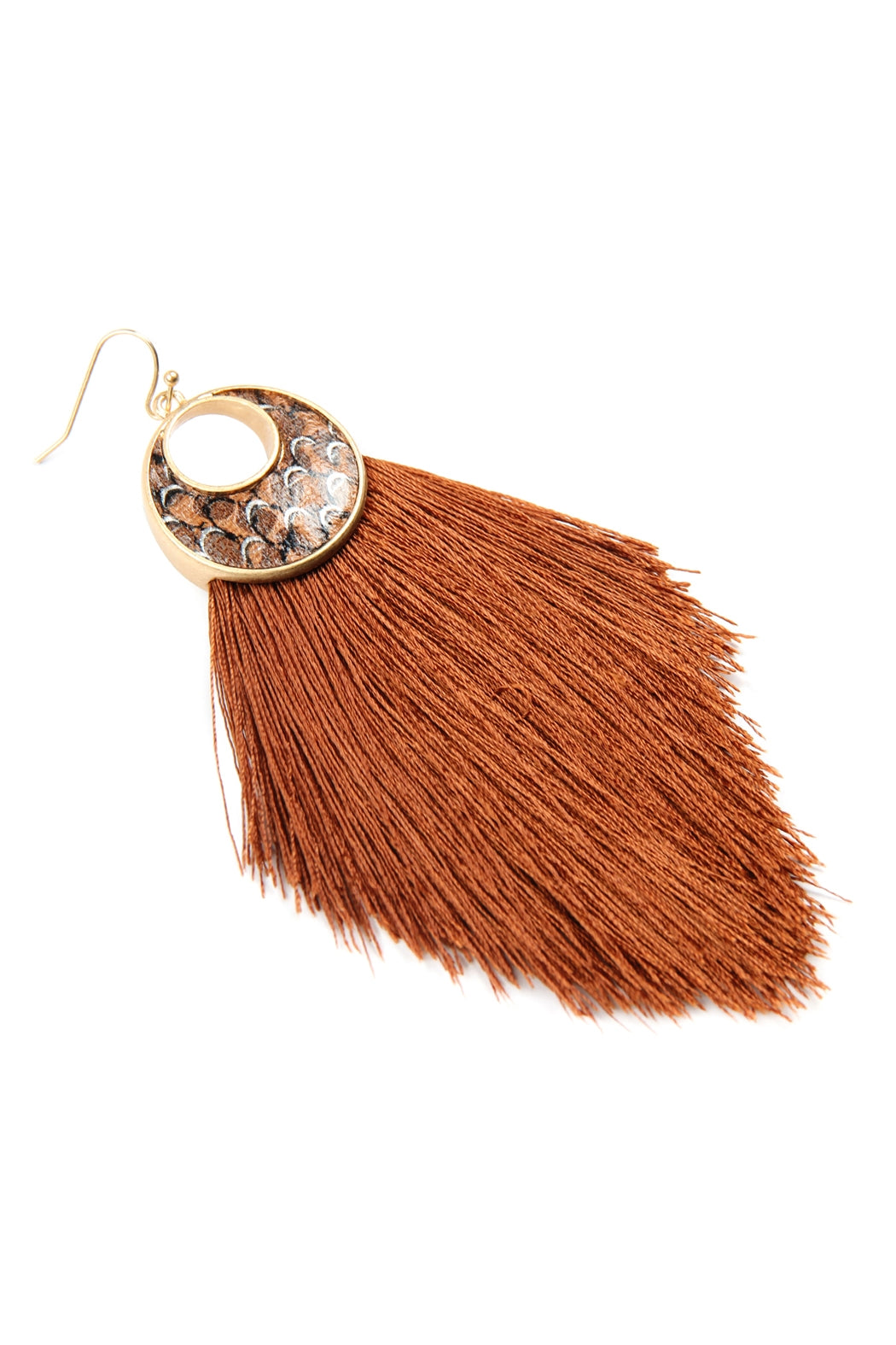 CRESCENT SHAPE SNAKE PRINT TASSEL DROP EARRINGS