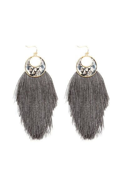 CRESCENT SHAPE SNAKE PRINT TASSEL DROP EARRINGS