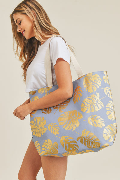 GOLD FOIL TROPICAL LEAVES BEACH TOTE BAG