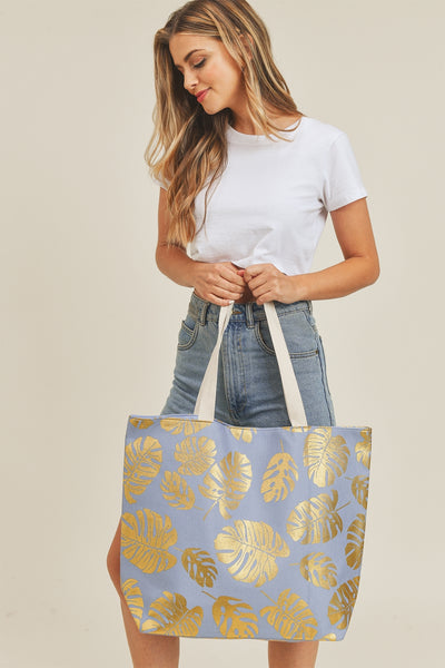 GOLD FOIL TROPICAL LEAVES BEACH TOTE BAG