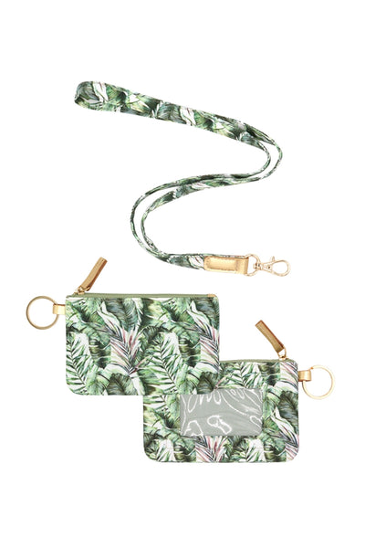 HAND DRAWN TROPICAL LEAVES ID WALLET & DETACHABLE LANYARD