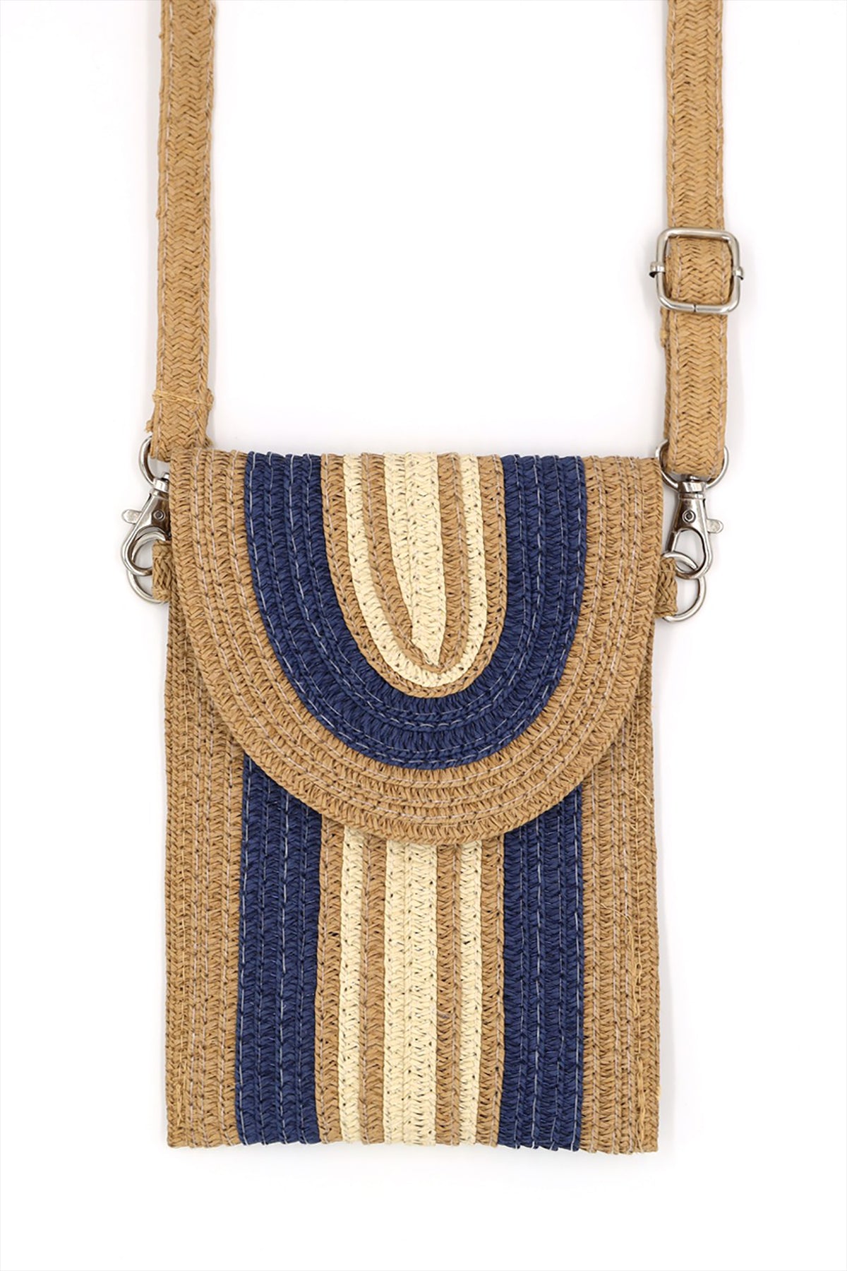 TRIPED PATTERN STRAW CELLPHONE CROSSBODY BAG WITH MAGNETIC BUTTON CLOSURE