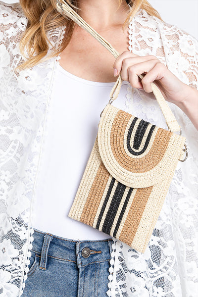 TRIPED PATTERN STRAW CELLPHONE CROSSBODY BAG WITH MAGNETIC BUTTON CLOSURE