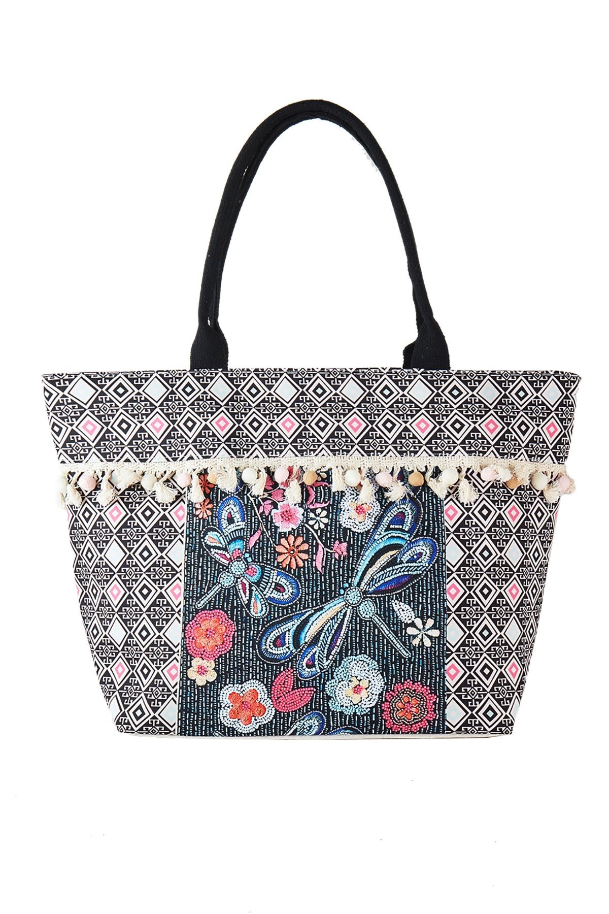 BOHO PRINT FRINGE TOTE BAG