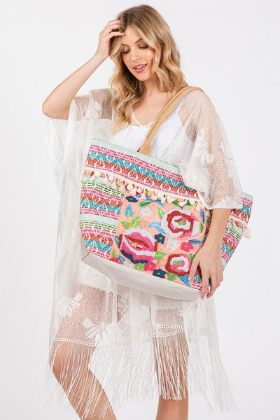 BOHO PRINT FRINGE TOTE BAG