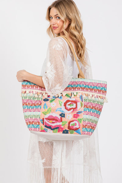 BOHO PRINT FRINGE TOTE BAG