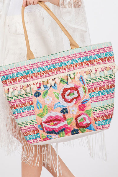 BOHO PRINT FRINGE TOTE BAG