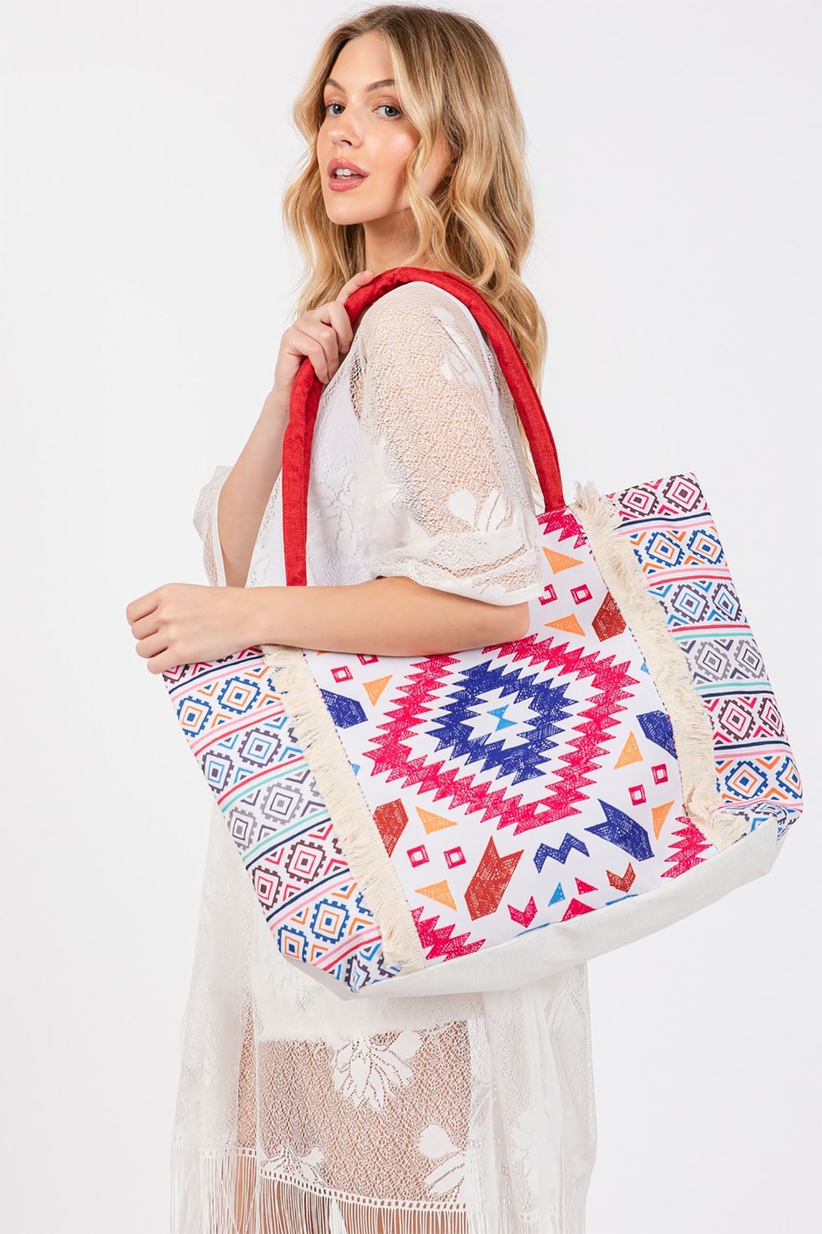 BOHO PRINT FRINGE TOTE BAG