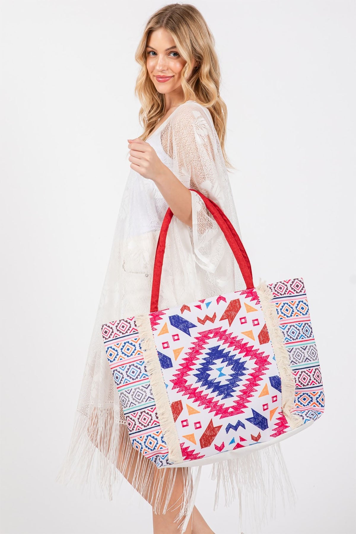 BOHO PRINT FRINGE TOTE BAG