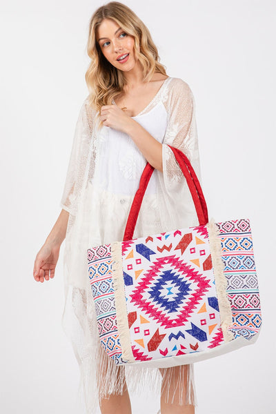 BOHO PRINT FRINGE TOTE BAG