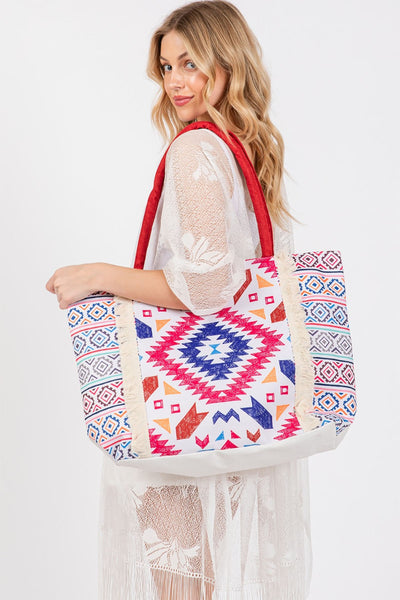 BOHO PRINT FRINGE TOTE BAG