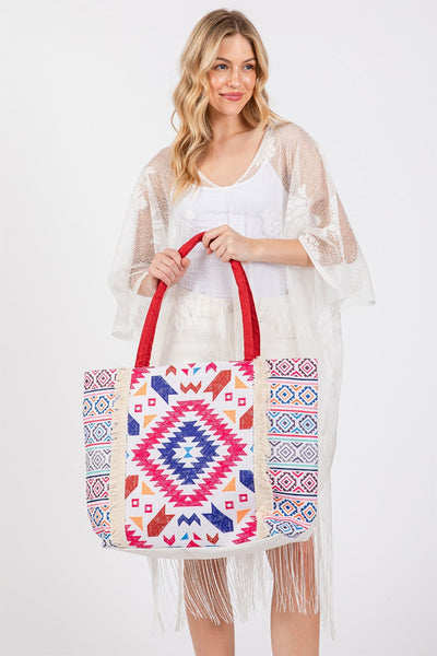 BOHO PRINT FRINGE TOTE BAG